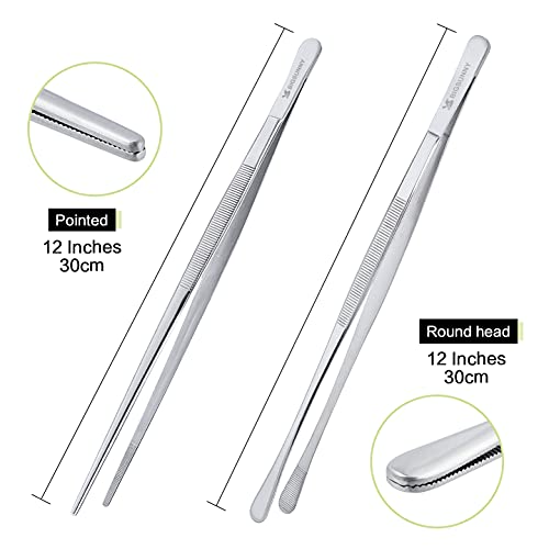 Stainless Steel Food Tweezers Multi (12" Round & 12" Pointed Tweezers - 2 Piece Set)