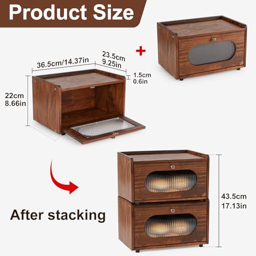 Bread Box for Kitchen Countertop Storage Wooden Breadbox Holder Container Morden Rustic Fresh Bread Keeper Farmhouse Stackable Organizer Bin for Homemade Food Shelf Acrylic Window