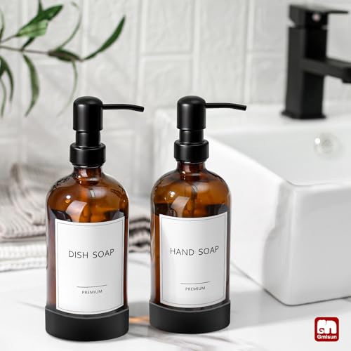 Amber Glass Soap Dispenser with Silicone Sleeve Boot (Amber Bottle + Black Pump + Silicone Boot / 2 Pack)