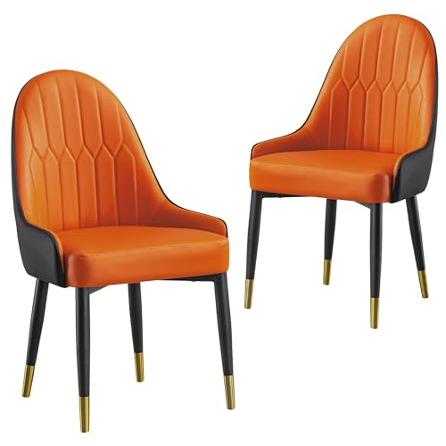 Orange Dining Chairs Set of 2 with High Backs Mid Century Modern Kitchen Dining Room Chairs PU Faux Leather Upholstered Large Padded Accent Chair with Legs (Orange)