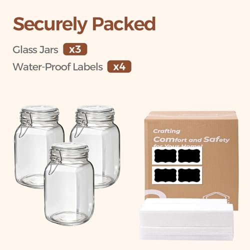 Square Glass Jars with Airtight Lids 51 oz 3 Pack Wide Mouth (51 fl oz x 3)