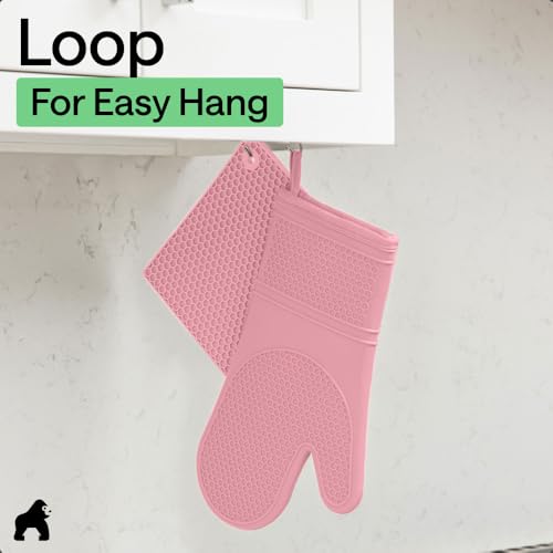 BPA Free Silicone Oven Mitts and Pot Holders Set (Pink / 12.5" Oven Mitts + 7" Trivets)