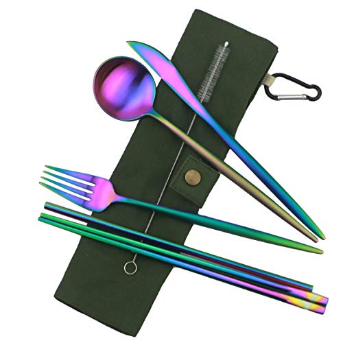 Reusable Travel Utensils (Green Pouch / Rainbow-C)