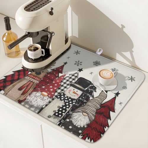 Winter Snowman Gnome Dish Drying Mat Xmas Tree Dishes Pad 16"x18" Microfiber Fast Dry Dish Drainer Rack Mats Kitchen Countertop Accessories (Winter Snowman Gnome / 16x18 inch)