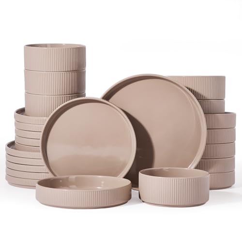 Stoneware Dinnerware Set with Pasta Bowls (Cinnamon Brown / Service for 6 - Double Bowls)