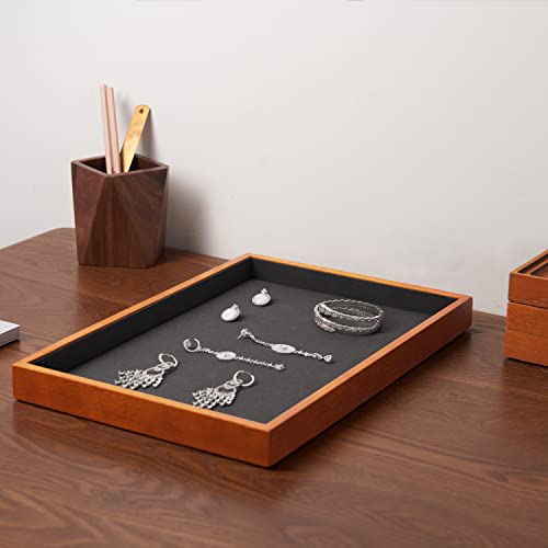 Wood Flat Jewelry Tray Stackable Jewelry Drawer Organizer Showcase Jewelry Holder (Grey flat tray)