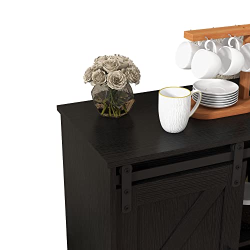 Sliding Barn Door Buffet Sideboard Storage Cabinet Coffee Bar Kitchen Farmhouse Style (Black)