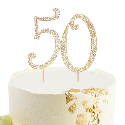 Gold 50th Birthday Cake Topper Rhinestones Cake Decorations for 50th Birthday Party (50th- Gold)