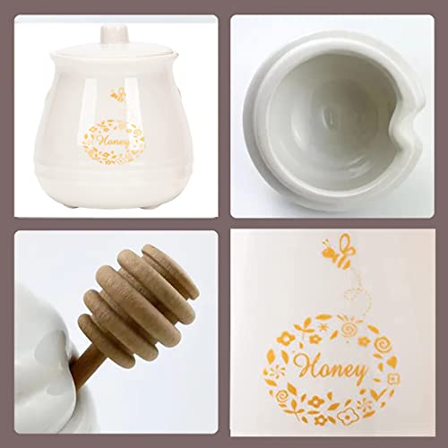 Ceramic Honey Jar with Wooden Honey Dipper (Honey Jar-White)