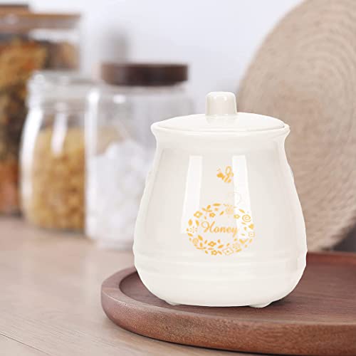 Ceramic Honey Jar with Wooden Honey Dipper (Honey Jar-White)