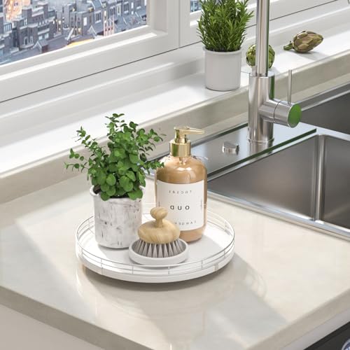10 Inch Oak Lazy Susan Vanity Tray with Silver Metal Rail (Sliver White / 10)
