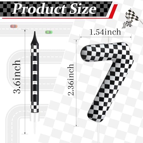 13 Pcs Racing Cars Themed Birthday Candles Black and White Race Number 7 Checkered Candle Cake Topper for Racing Car Party Decoration Supplies (13 Count)