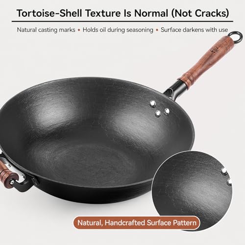 Cast Iron Wok Pan with Wooden Lid (13.4 Inch)
