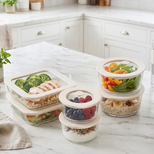 Glass Food Container Set with Glass Lid (White Sand-6P)