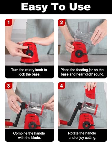 Rotary Cheese Grater Vegetable Shredder With 6 Interchangeable Blades No Slip Suction Base (Red Black / 6 Blades)