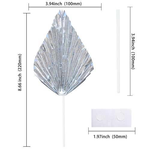 6Pcs Paper Palm Fan Cake Topper Palm Leaf Fan Cake Pick for DIY Bakeware Craft Project Home Made Wedding Bridal Shower Birthday Anniversary Party Cake Decorations Supplies Metallic Silver (6 Count)