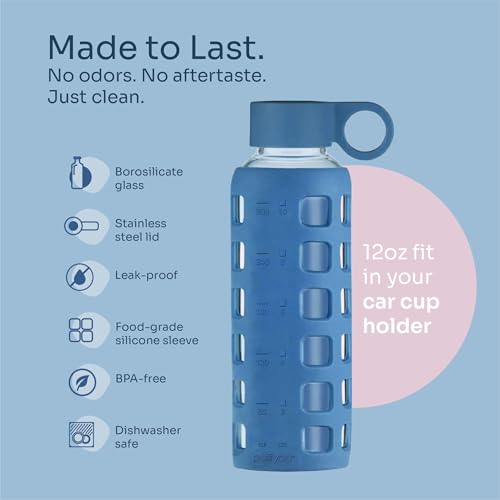40oz / 32oz / 22oz / 12oz Borosilicate Glass Water Bottle with Time & Volume Markers, Silicone Sleeve, Stainless Steel Lid | Reusable Glass Bottle for Water & Juice (12oz Chinese Porcelain) (Chinese Porcelain (1 Count) / 12 Ounces)
