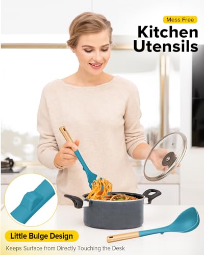 Silicone Soup Ladle and Pasta Spoon Set with Wooden Handle (2 Count)