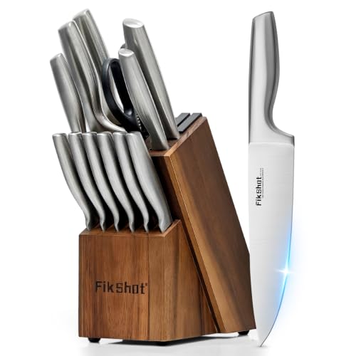 14PCS Knife Set with Block & Sharpener (Upgrade: Silver + Walnut（Built-In Sharpener）)