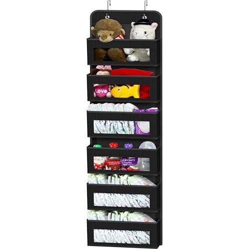 6 Clear Window Pocket Over Door Hanging Organizer (6 Pockets / Black)