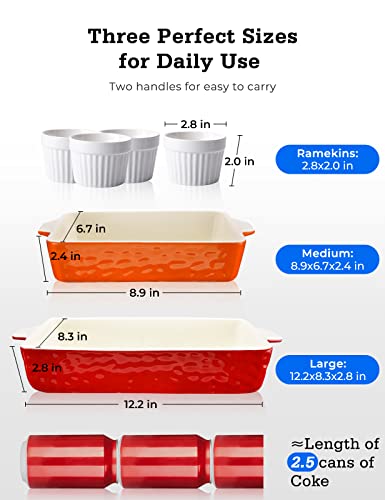 Ceramic Baking Dish and Ramekins Set Casserole Dish with Handles Packaging Upgrade Nonstick Ceramic Bakeware Ramekins Bowls for Baking Souffle (Red)