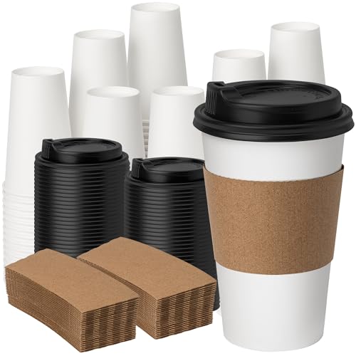 16 oz 100 Pack Disposable Coffee Cups with Lids & Sleeves (White-Kraft Sleeves / 16 oz)