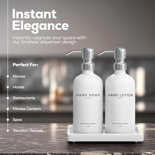 White Glass Soap and Lotion Dispenser Set by Brighter Barns (White/Silver Sl)