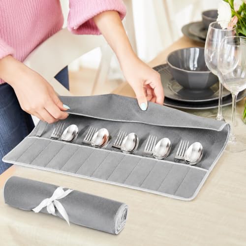 6 Pcs Anti Tarnish Silverware Storage Bags Felt (12 Slots / Gray)