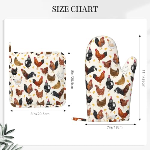 Rooster Hen Oven Mitts and Pot Holders Sets Silicone Rustic Domestic Animal Chicken Kitchen Mitts Potholders Heat Resistant 4Pcs Oven Gloves Hot Pads for Kitchen Baking Cooking BBQ Grilling (Rooster Hen)