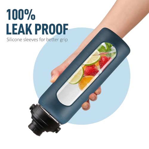 24oz Glass Water Bottle with Straw and 2 Lids (Dark Blue / 24 Ounces)