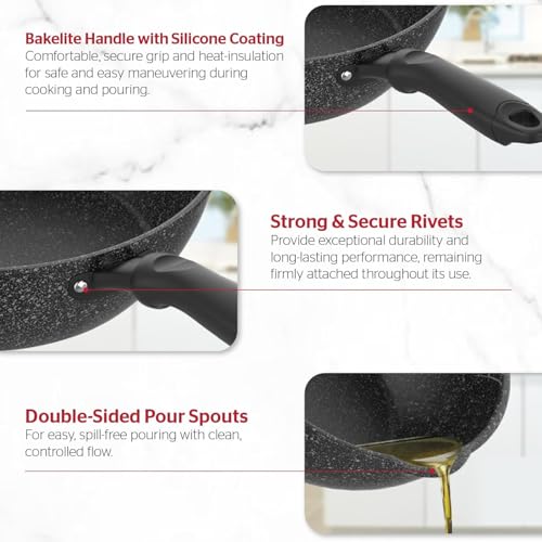 11 Inch Non Stick Deep Frying Pan with Double Pour Spouts (Aluminum)
