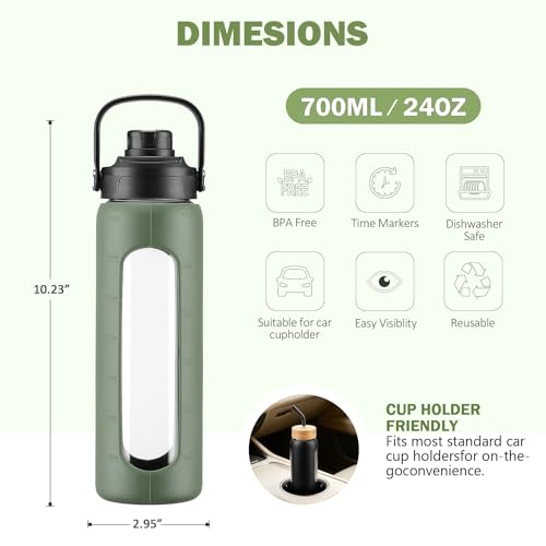 24 oz Glass Water Bottle with Straw and 2 Lids (Olive / 24 Ounces)