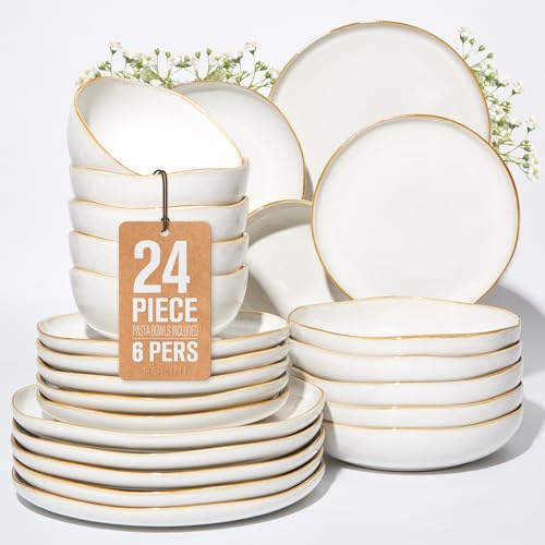 24 Pieces Dinnerware Set for 6 with Pasta Bowls (White / Set (24pcs-6))