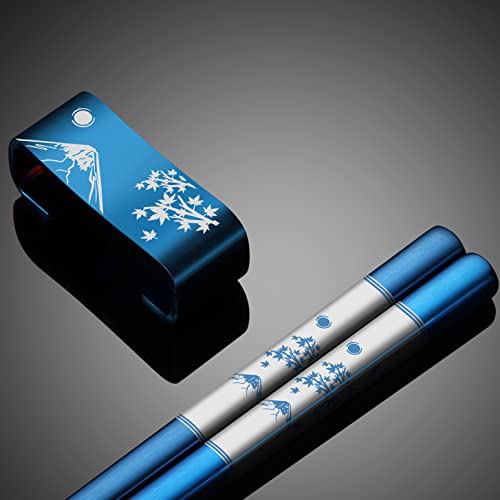 Metal Chopsticks Reusable 2 Pairs Titanium Plated 18 (Blue)