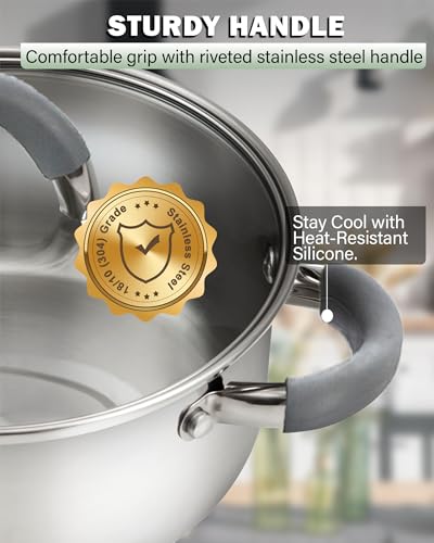 Basics 3 Quart Stainless Steel Stock Pot with Lid (3 Quarts / Gray Silicone Handle)