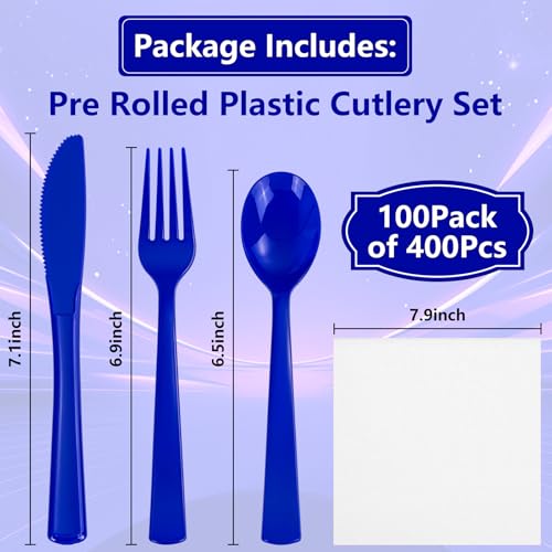 400PCS Pre Rolled Blue Plastic Silverware Set Heavy Duty for Wedding (Blue - Classic)