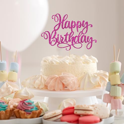 1 PCS Happy Birthday Cake Topper Glitter Happy Birthday Cake Pick for Celebrating Happy Anniversary Party Cake Decorations Supplies Rose Red (Design 2 Rose Red)