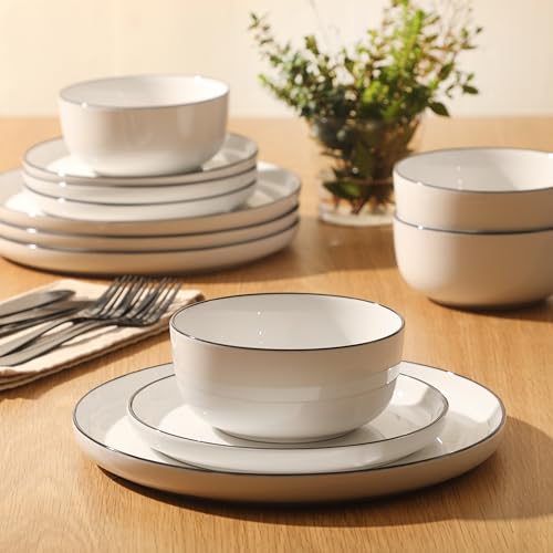 Oslo 12 Piece Porcelain Dinnerware Set (White w/ Black Rim (Oslo) / 12pc Dinnerware Set (Service for 4))