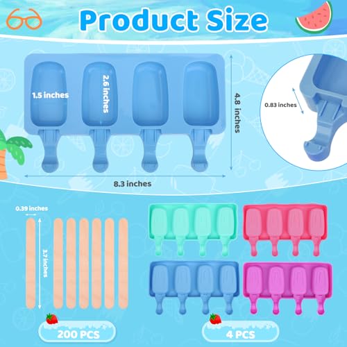 4 Set Silicone Popsicle Molds with 200 Sticks (4 Set / Multicolor)