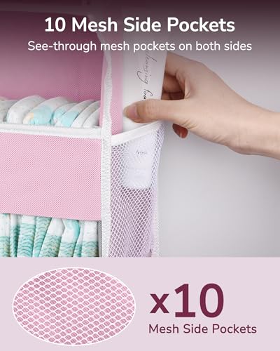 1 Pack Over Door Organizer with 5 Large Pockets 10 Mesh Side Pockets (Pink / 1 Pack-5 Tier)
