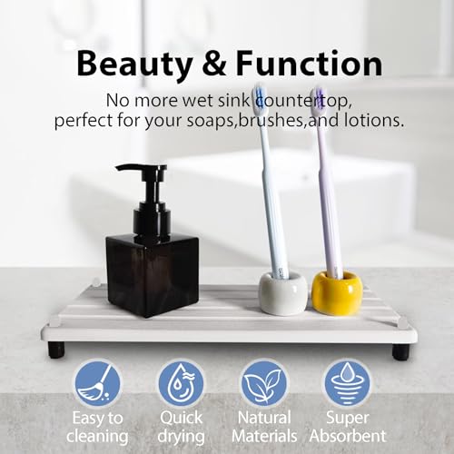 2 PCS Water Absorbing Stone Trays for Bathroom Sink Fast Drying Coasters (11" X 4.7" White)