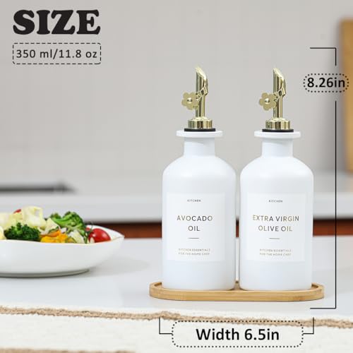 Olive Oil Dispenser for Kitchen (12oz-White&Gold Spout+Tray / 11.8 fl oz)