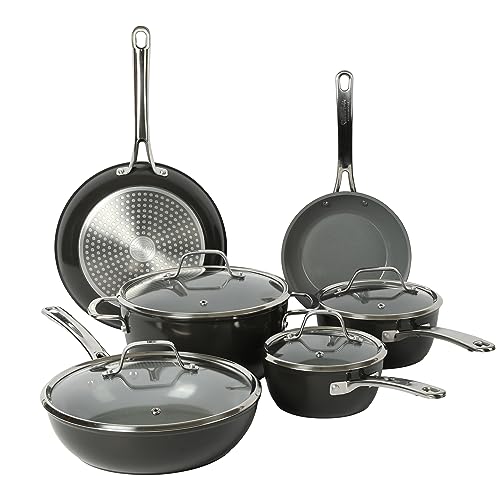 Kitchen Essentials 10 Piece PFA Free Titanium Ceramic Nonstick Interior Forged Aluminum Cookware Pots and Pans Set (Black / 10-Piece Cookware Set)