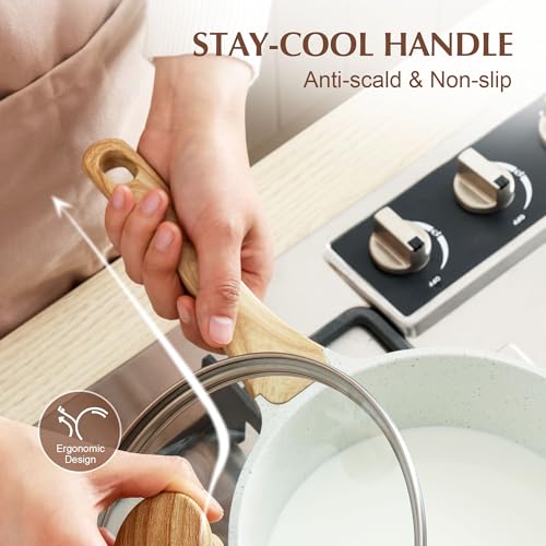 White Ceramic Nonstick Saucepan with Lid Set (White Ceramic / 2.0 + 2.5 Quarts)