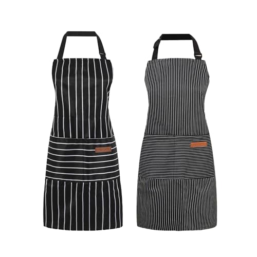 2 Pack Cooking Aprons Adjustable Bib Apron for Women with 2 Pockets (Black Stripes/Black Pinstripe)
