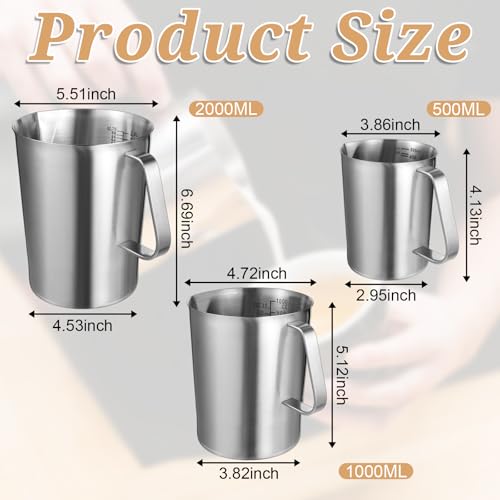 3 Pieces Stainless Steel Measuring Cups Metal Pitcher with Oz and ML marking Measuring Cup with Handle and Pour Lip