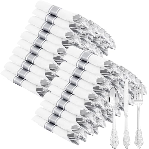 400PCS Pre Rolled Silver Plastic Silverware Sets Fancy for Wedding (Silver - Fancy)