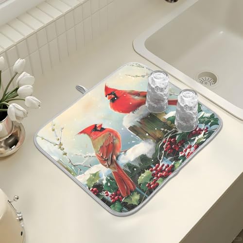 Winter Birds Snowflakes Berry Dish Drying Mat for Kitchen Counter Absorbent Microfiber Large Christmas Drying Pad Dish Mats for Kitchen Countertops 18 x 24 Inch (24" x 18")