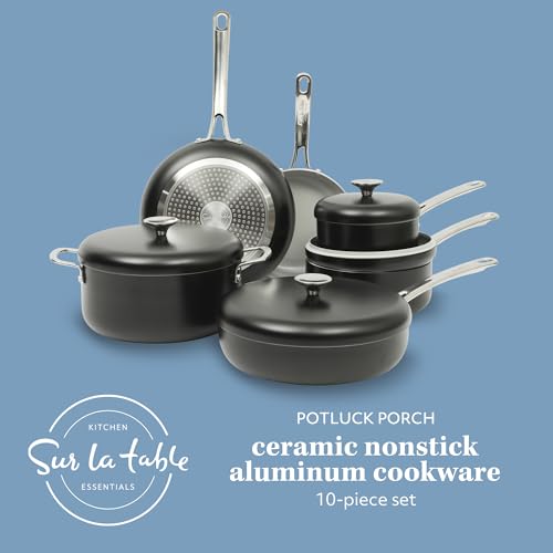 Kitchen Essentials Potluck Porch 10 Piece PFA Free Ceramic Non stick Interior Forged Aluminum Cookware Pots and Pans Set W (10-Piece Cookware Set / Black)