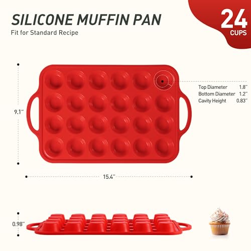 24 Cups Silicone Muffin Pan with Metal Reinforced Frame Mini Size Cupcake Pan Tray Egg Bites Silicone Circle Cookie Molds Muffin Tin Tart Pans Baking Sheet Set for Breakfast Sandwiches Round (Mini / Red)